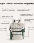 Multiple wide Pockets for Moms' Organization backpack celadon